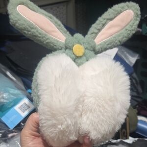 Plush Bunny Ear Earmuffs in Sage Green and White